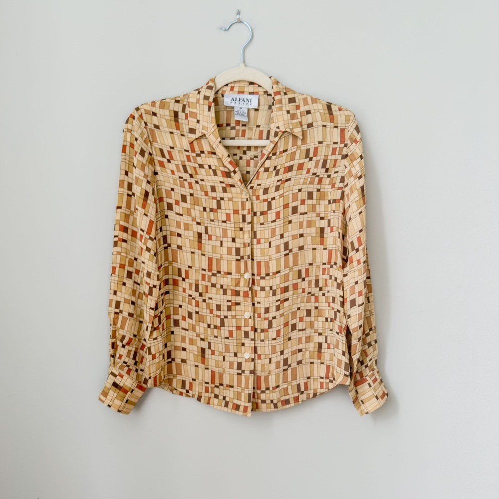 Vintage Alfani Retro Silk Shirt Geometric Mosaic MCM Style Size 2 Petite